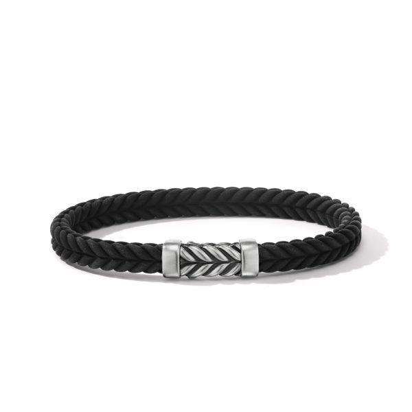 A black braided rope bracelet featuring a cylindrical, silver-toned clasp with a twisted pattern. The bracelet is displayed on a white background, casting a subtle shadow.