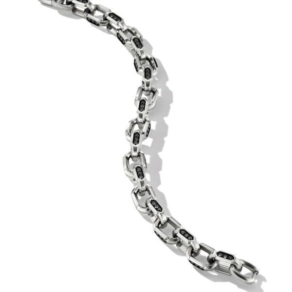 A close-up image of a sleek, modern chain made of silver metal with black accents in the center of each link. The chain is artistically arranged in a curved, flowing pattern against a plain white background, highlighting its unique design and intricate details.