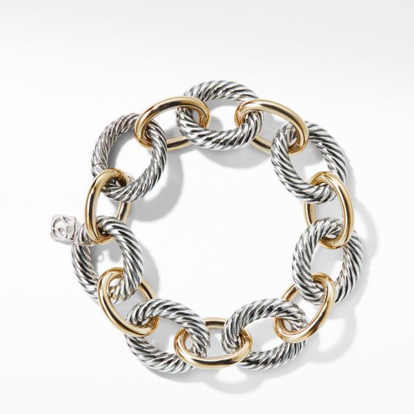 A circular link bracelet featuring alternating twisted silver and smooth gold oval links.