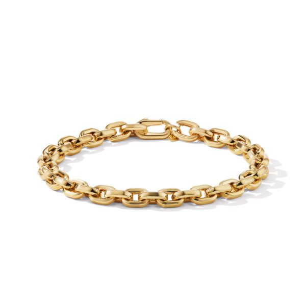 A gold link bracelet with interlocking oval-shaped links and a clasp closure is displayed against a white background. The bracelet has a shiny, polished finish and casts a subtle shadow on the surface.