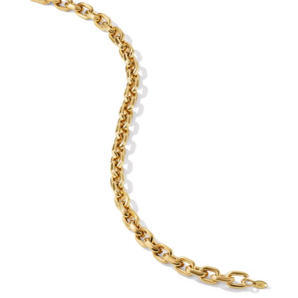 A gold chain necklace with thick, interlocking links arranged in an S shape against a white background. The chain's polished surface reflects light, giving it a shiny appearance.