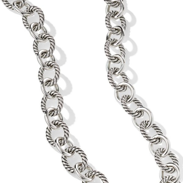 A close-up view of a silver rope chain. The chain consists of interlinked round metal loops with a braided texture, creating a refined, twisted appearance. The image captures the intricate details of the chain's design against a white background.