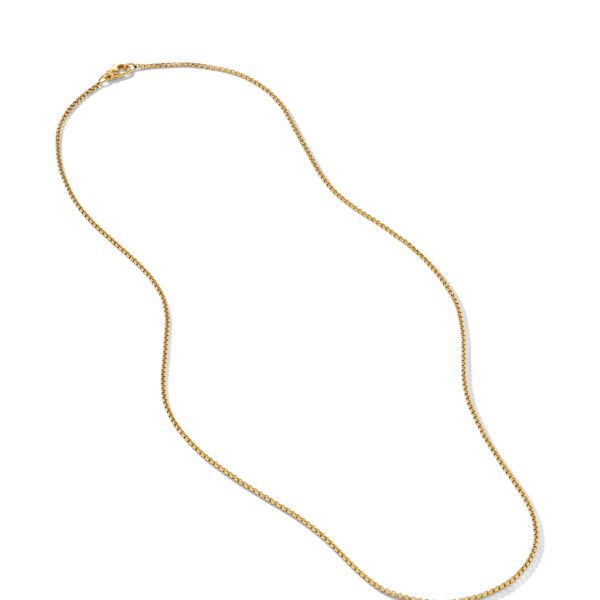 A delicate gold chain necklace is shown against a white background. The chain features a subtle pattern and a small clasp for fastening.