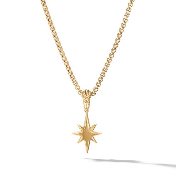 A close-up view of a gold chain necklace with a dangling eight-point star pendant. The necklace is displayed on a plain white background with a subtle shadow cast below the pendant.