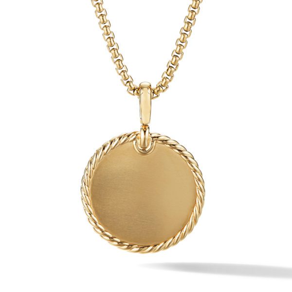 A gold necklace featuring a round pendant with a smooth, polished center and a twisted rope-like border. The chain is composed of closely linked, uniform gold segments. The pendant hangs prominently, casting a slight shadow below.