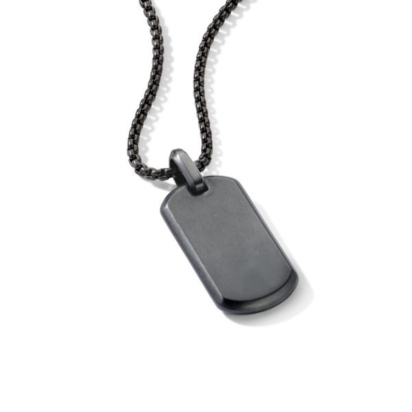 A black dog tag on a matching black chain against a white background. The dog tag is smooth and rectangular with rounded edges, and the chain is a simple, thin link design.