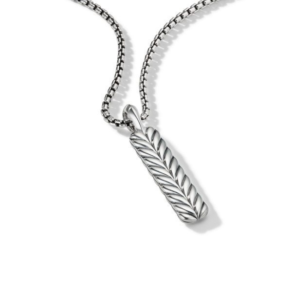 A silver necklace with a chain and a rectangular pendant featuring a raised, twisted rope design. The necklace is displayed against a white background.