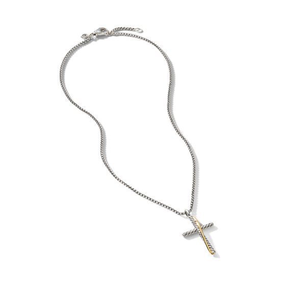 A silver-toned chain necklace featuring a cross pendant. The pendant has a two-tone design, with one arm of the cross appearing silver and the other gold. The necklace is laid out flat on a white background.