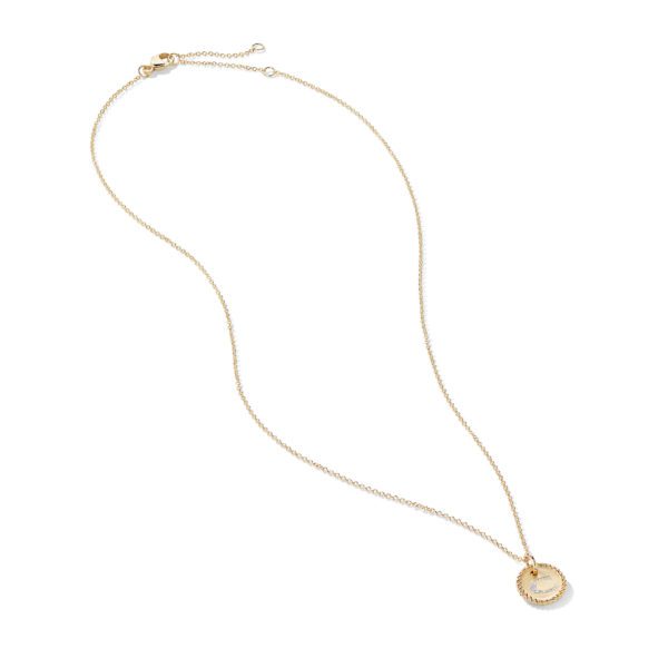 A delicate gold necklace with a thin chain and a circular pendant. The pendant appears to have a smaller inner circle accented with tiny, clear gemstones, creating a double-ring effect. The chain is fastened with a small gold clasp and an adjustable length option.