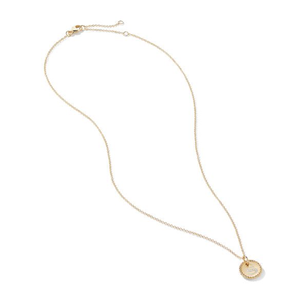 A delicate gold chain necklace with a small round pendant. The pendant has a glistening, textured surface and a subtle engraving. The necklace is laid out against a plain white background, showcasing its simplicity and elegance.