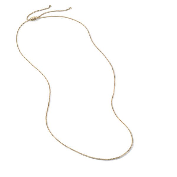 A delicate, thin gold chain necklace with a lobster clasp closure. The chain appears continuous and smooth, laid out in a gentle, curving shape on a white background.