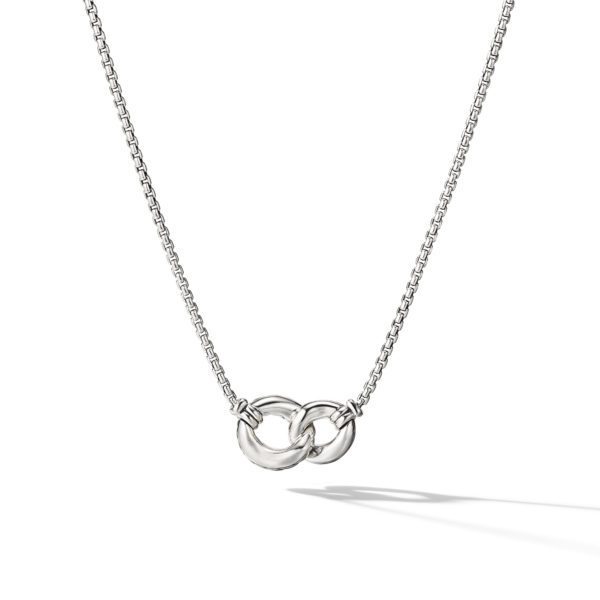 A delicate silver necklace featuring two interlocking rings as a pendant, displayed against a white background. The necklace has a thin, elegant chain, and the rings have a polished finish, casting a subtle shadow underneath.