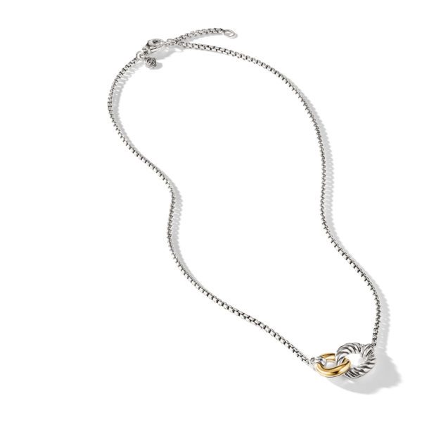 A silver necklace featuring two interlocking rings, one in polished silver and the other in textured gold, attached to a delicate silver chain with a small clasp. The arrangement creates a simple yet elegant look.