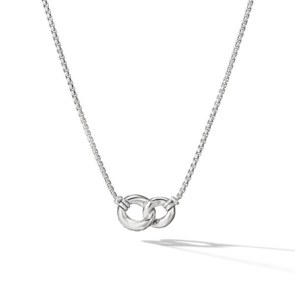 A sleek silver necklace featuring two interlocking rings. The rings are smooth and polished, with the chain thread through each ring to form the centerpiece. The necklace is suspended against a white background, creating a modern and elegant appearance.