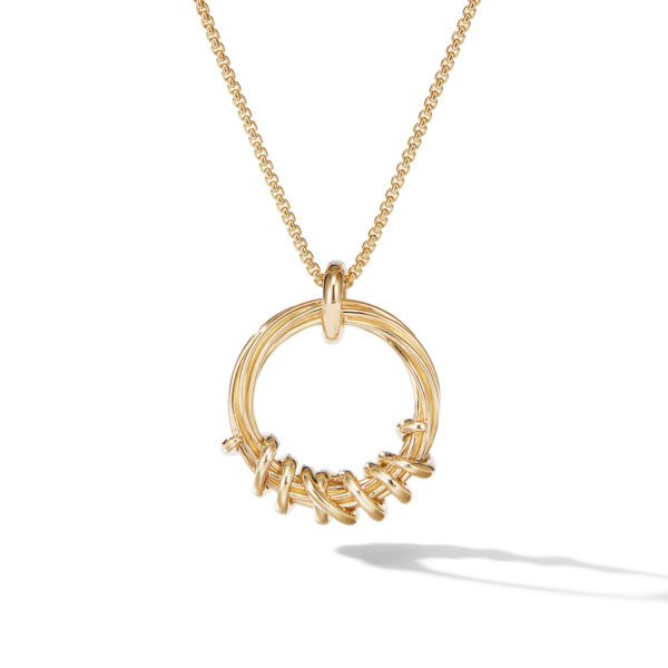 A gold necklace features a circular pendant with an intricate, twisted design at the bottom. The pendant hangs from a fine, delicate chain. The necklace casts a soft shadow on a white background.