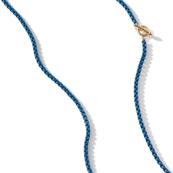 A close-up view of a blue braided rope with a small, gold knot in the middle. The rope is set against a white background, forming gentle curves and smooth lines across the image.