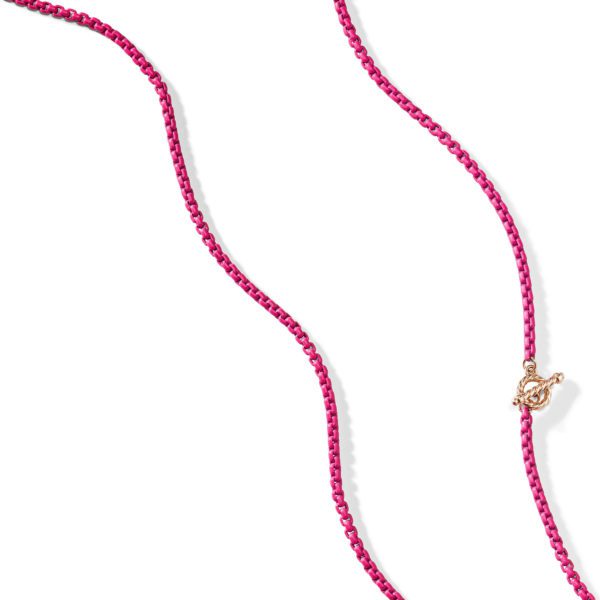 A bright pink chain necklace with small, uniform links is shown against a white background. The necklace features a small gold clasp detailing on the right side.