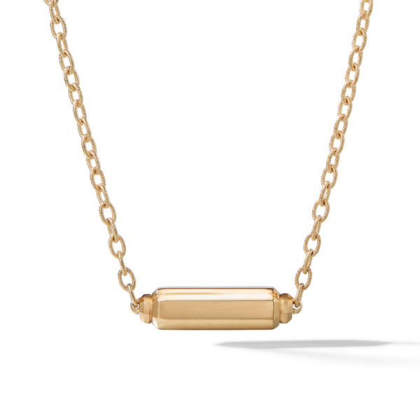 A delicate gold chain necklace features a horizontal rectangular pendant in the center. The pendant has a smooth, polished finish, and the chain consists of small interconnected links. The image is set against a plain white background.