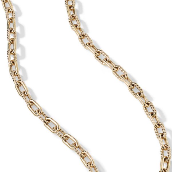 A close-up view of a gold chain with oval links, shown diagonally across a white background. The chain features intricate detailing and appears to be finely crafted.