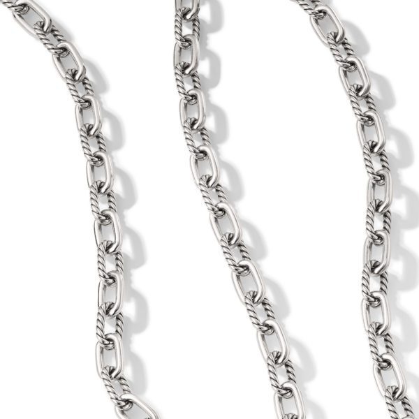 A close-up image of a silver chain featuring intricate, twisted links. The chain appears to be made of metal and is draped in a looped pattern against a white background. The design of the chain highlights its detailed craftsmanship.