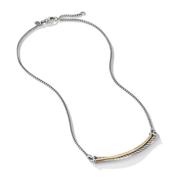 A silver chain necklace featuring a curved bar pendant with alternating silver and gold segments. The design includes a mix of polished and textured finishes, giving it an elegant and contemporary look. The clasp is adjustable for varied lengths.