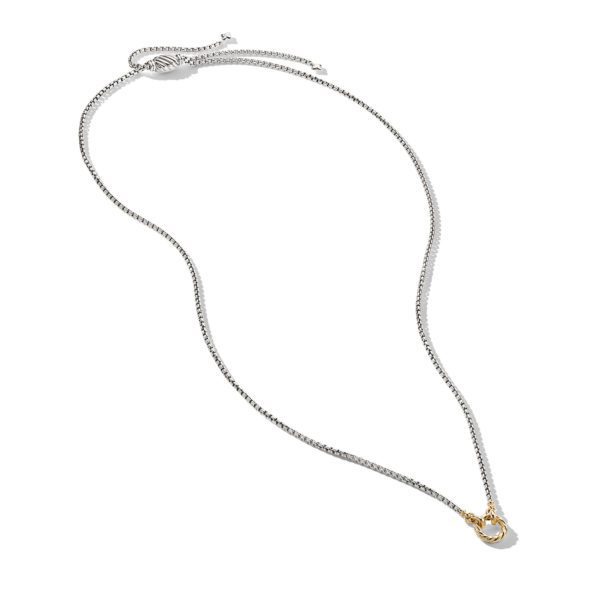 A delicate silver chain necklace with a small, gold-toned crescent moon pendant. The chain is thin and finely detailed, creating an elegant look. The necklace is laid out flat against a white background, showcasing its full length and design.