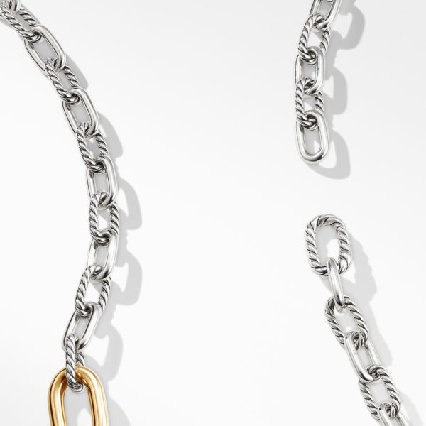 Close-up of a silver chain necklace with twisted links on a white background. One of the links is gold-colored, providing a contrasting accent to the design. The chain is shown in several connected sections, with shadowing that adds depth to the image.