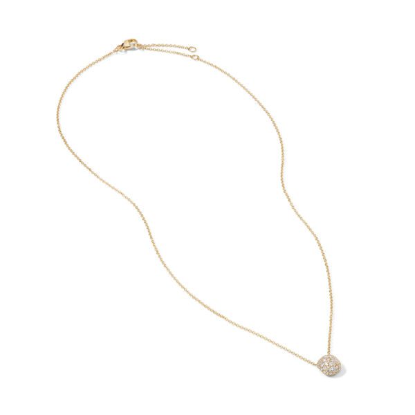 A delicate gold necklace with a fine chain, featuring a small, oval-shaped pendant encrusted with tiny diamonds. The pendant is centrally located, and the necklace has an adjustable clasp closure. The design is minimalistic and elegant.