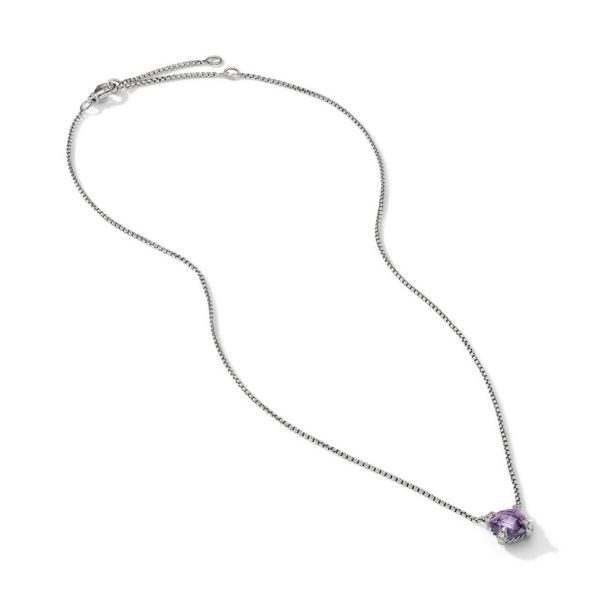 A delicate silver chain necklace featuring a round, purple gemstone pendant. The pendant hangs centrally on the chain. The necklace is set on a plain white background.