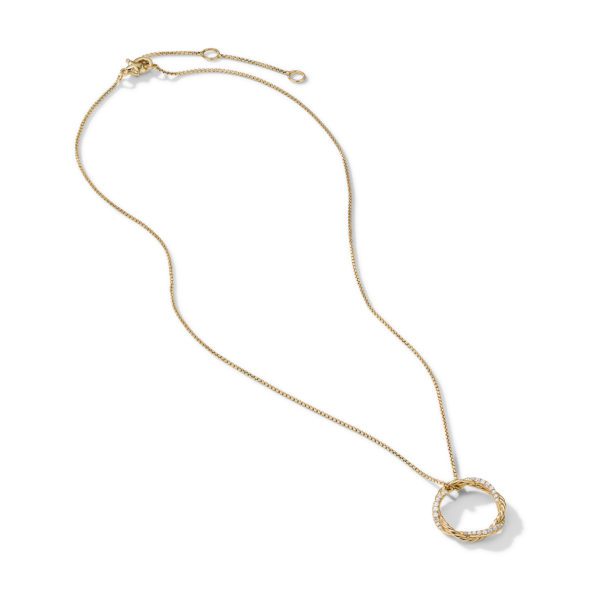 A gold necklace featuring a round, twisted pendant positioned at the bottom center of the chain. The chain has an adjustable clasp, allowing for different lengths. The necklace is displayed against a plain white background.