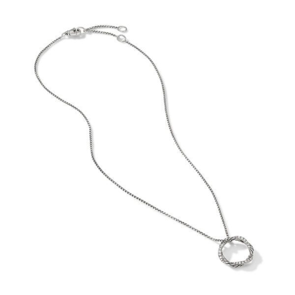 A silver chain necklace with a round, twisted rope-like pendant. The necklace features an adjustable clasp. The design is simple and elegant, suitable for various occasions. The pendant sits at the center of the chain.