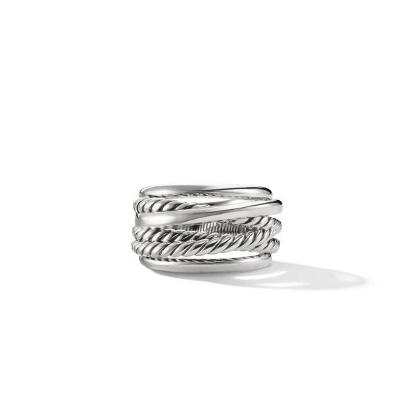 A silver ring with multiple intertwined bands, combining smooth and twisted textures to create a layered and elegant design, is centered on a white background with a slight shadow.