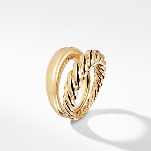 A gold ring with a twisted rope design is intertwined with a smooth, polished gold ring, creating a sophisticated and elegant piece of jewelry. The rings are positioned upright against a white background, casting a slight shadow.