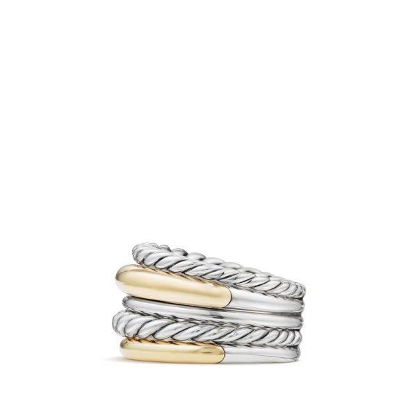 A stylish, multi-band ring with alternating gold and silver intertwined ropes. The bands appear woven together, blending the two metals seamlessly, creating an elegant and intricate design.