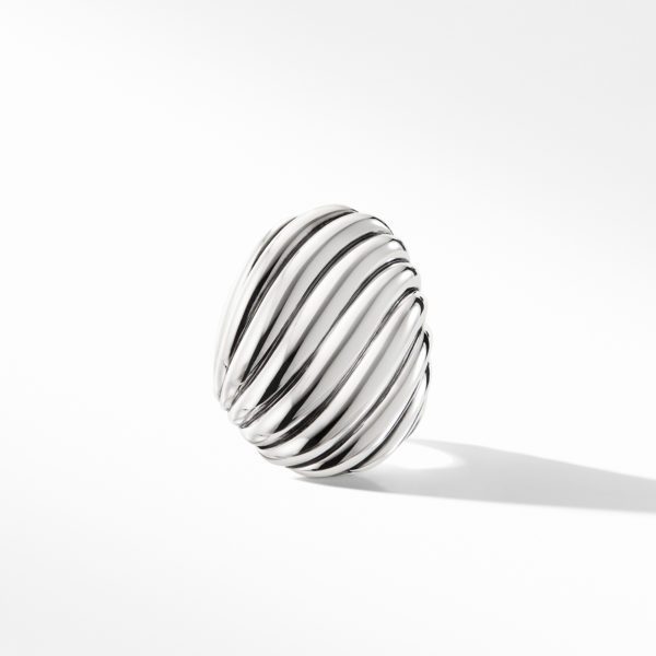 A polished silver-colored metal sculpture resembling an egg, featuring a twisted, ribbon-like spiral design that wraps around its surface. The sculpture casts a faint shadow on a plain white background.