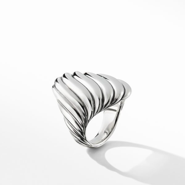 A silver ring with a modern, twisted design featuring smooth, wave-like curves. The ring is standing upright against a plain white background, casting a subtle shadow.