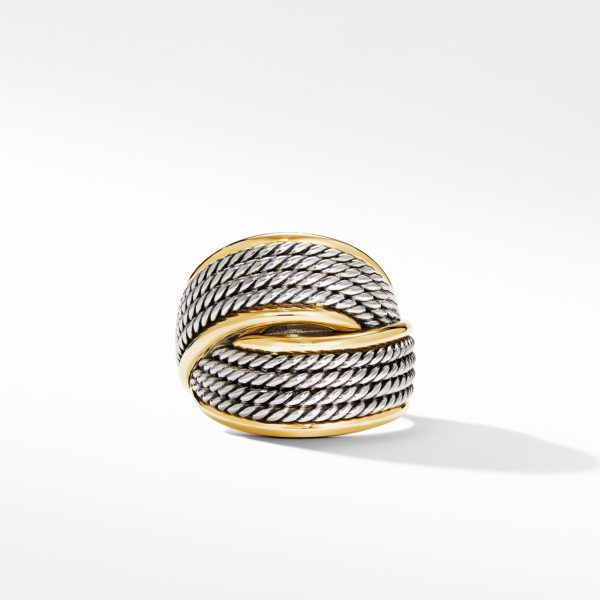 A stylish ring featuring intertwined silver rope-like strands with gold accents. The design is intricate and creates a bold, eye-catching look against a simple white background. The ring has a polished finish and casts a subtle shadow.