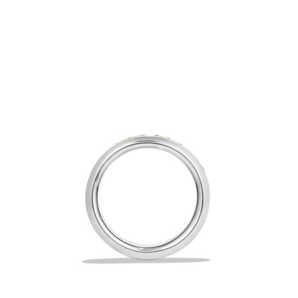 A minimalist silver band ring, viewed from the side against a plain white background. The ring has a smooth, polished surface reflecting light subtly, and it casts a faint shadow beneath.