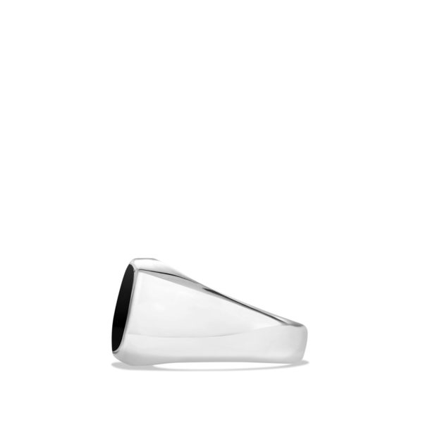 A sleek, polished silver ring with a triangular face viewed from its side against a plain white background. The ring has a simple, modern design with clean lines and a reflective surface.