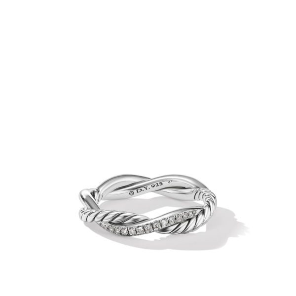 A silver twisted rope-style ring interwoven with a segment of sparkling gemstones is set against a white background. The inner band is engraved with "D.Y. 925".