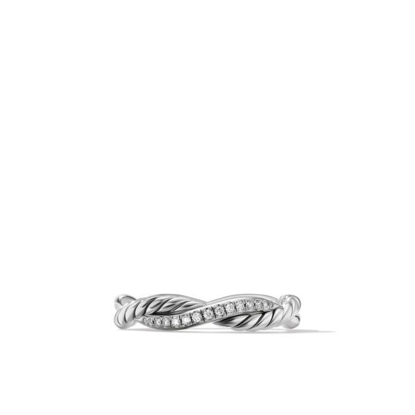 A close-up image of a silver twisted rope ring with a band of small, sparkling diamonds inlaid along the center of the twist. The ring is set against a plain white background.