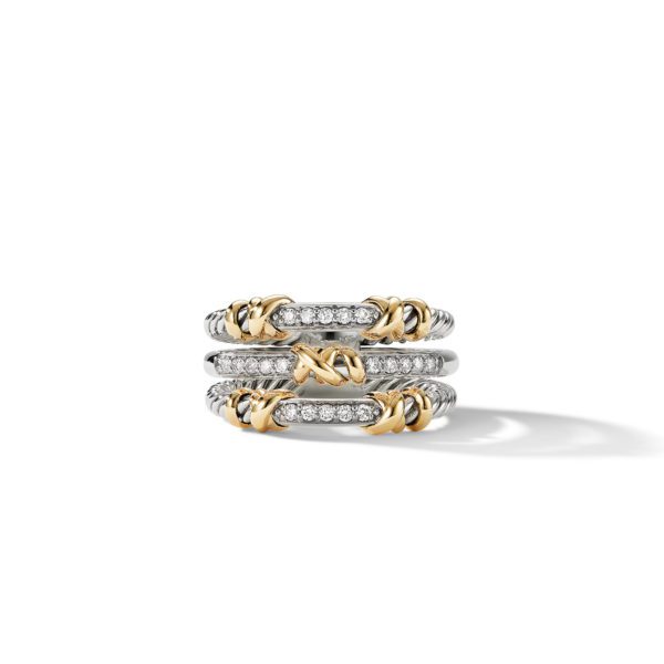 Three interconnected rings featuring a mix of silver and gold bands with cable textures. Each band is embellished with small, sparkling diamonds. The rings are stacked together, showcasing an intricate and elegant design against a plain white background.