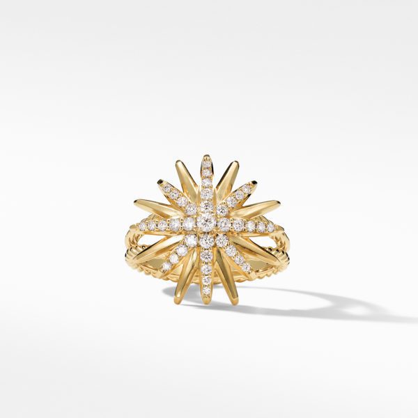 A gold ring features a starburst design adorned with numerous small diamonds. The ring band has a twisted, rope-like texture, and the diamonds are set in a cross pattern at the center of the starburst. The background is plain white.