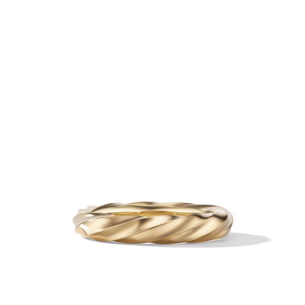 A polished gold ring with a twisted rope design lies against a white background. The ring's shiny finish and elegant texture give it a sophisticated and stylish appearance.