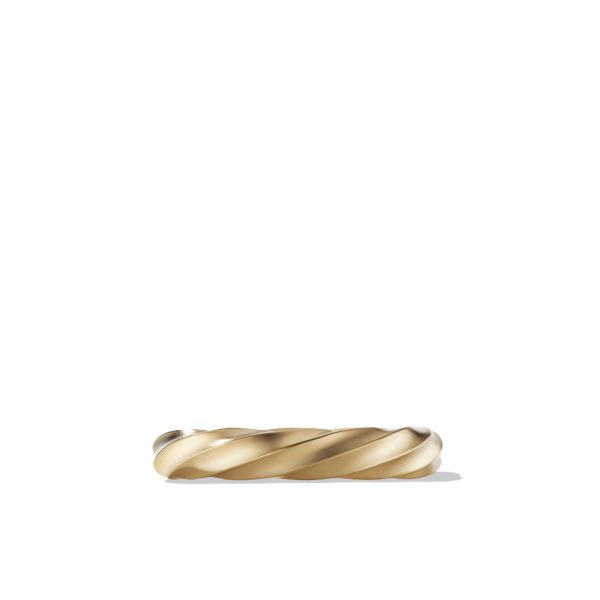 A gold ring with a twisted design shown against a plain white background. The metallic band features a spiral pattern that creates a textured, elegant look.