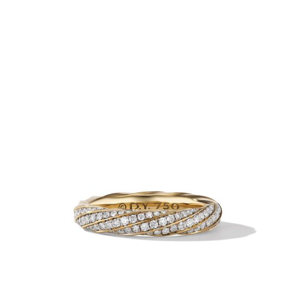 A gold ring with an intricate design featuring 3 rows of small diamonds that twist and blend together, placed on a white background. The inner side of the ring is inscribed with "©PY.750". The band casts a soft shadow.