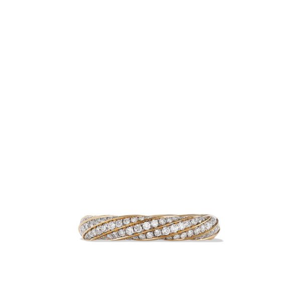 A luxurious gold ring with a twisted design encrusted with small, sparkling diamonds, set against a white background. The intricate pattern and shimmering stones give the ring an elegant and sophisticated appearance.