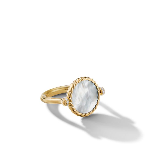 A gold ring featuring a central round mother-of-pearl stone, framed by a twisted rope design. The ring has small diamond accents on either side of the mother-of-pearl setting. The background is white, casting a soft shadow.