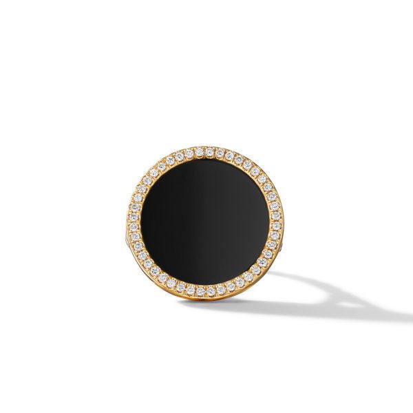 A round, gold-plated ring with a large, smooth black center stone, surrounded by a row of small, sparkling white gemstones forming a complete circle around it, placed on a white background with a faint shadow.