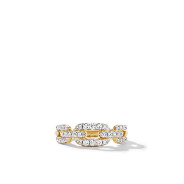 A gold ring with a design resembling interlocking chain links, each link encrusted with small diamonds, set against a plain white background.